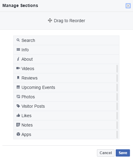 Facebook Manage Sections