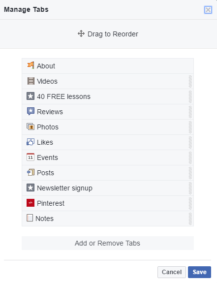 Facebook Manage Sections