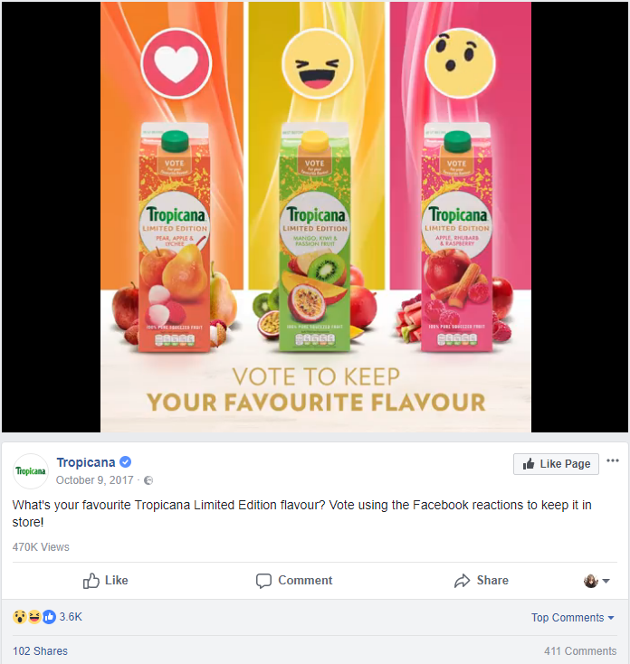 Tropicana using Faceboook Reactions as a voting mechanism